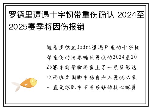 罗德里遭遇十字韧带重伤确认 2024至2025赛季将因伤报销 罗德里遭遇十字韧带重伤确认 2024至2025赛季将因伤报销